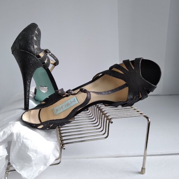 Black Suede Silver Glitter Peep Toe Cut Out Stiletto Heel TStrap Sandals Sz 9.5 - Picture 12 of 13